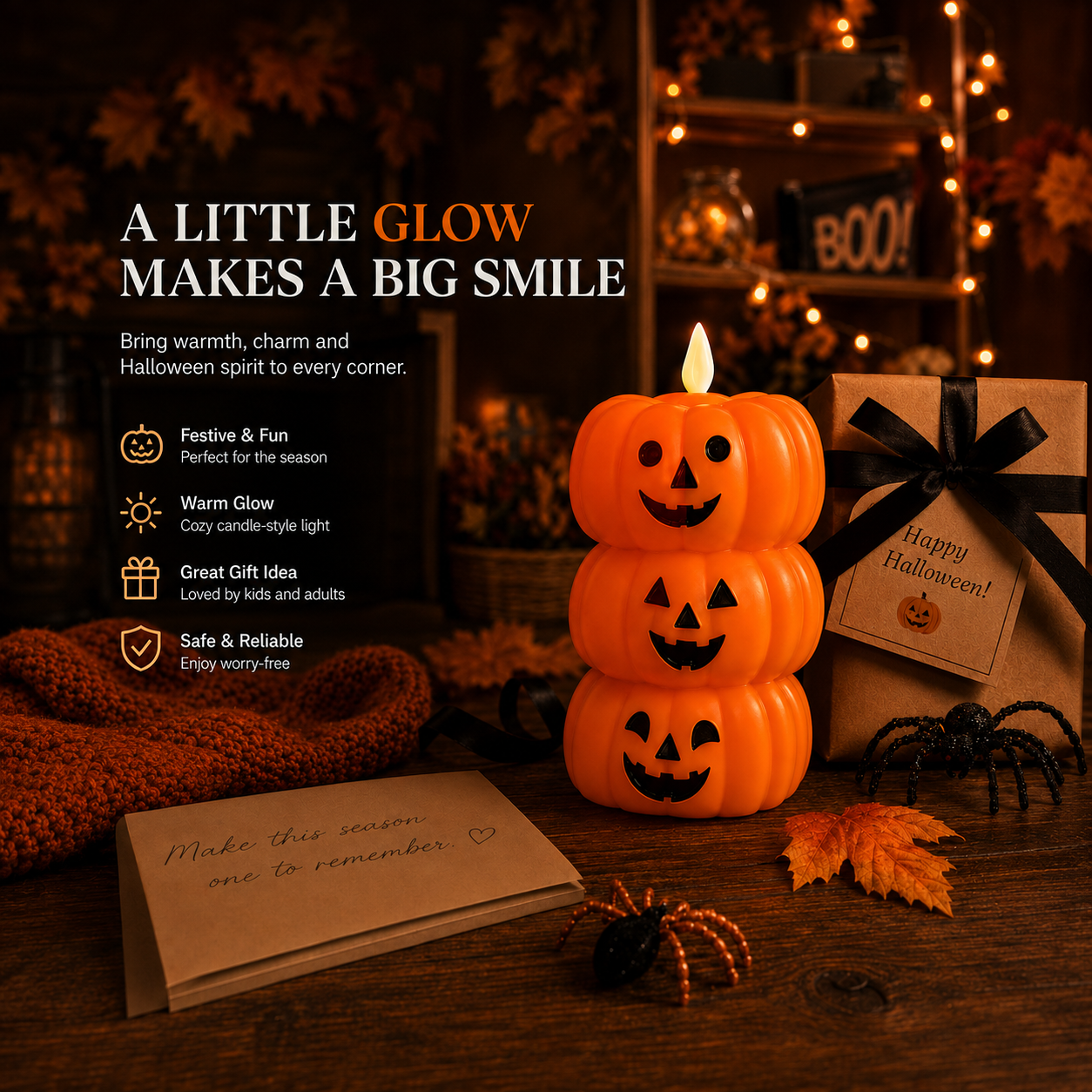 Stacked Pumpkin LED Candle – Cute Flameless Halloween Table Decoration