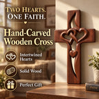 2PCS Hand-Carved Wooden Cross with Intertwined Hearts, Solid Wood Wall Decor