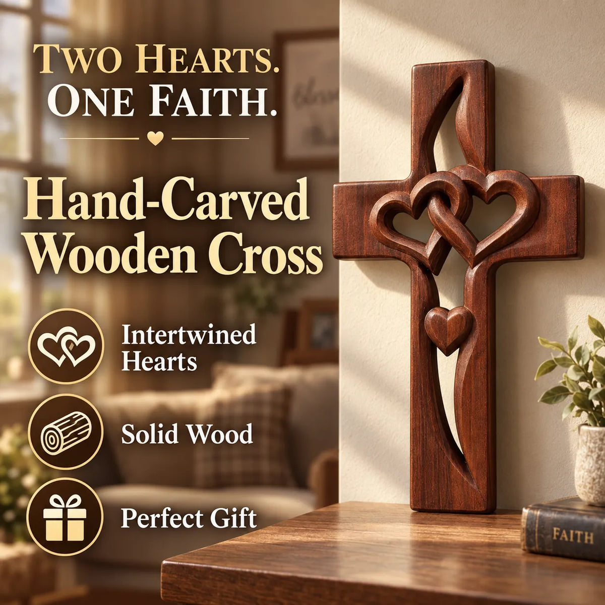 2PCS Hand-Carved Wooden Cross with Intertwined Hearts, Solid Wood Wall Decor