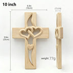 2PCS Hand-Carved Wooden Cross with Intertwined Hearts, Solid Wood Wall Decor