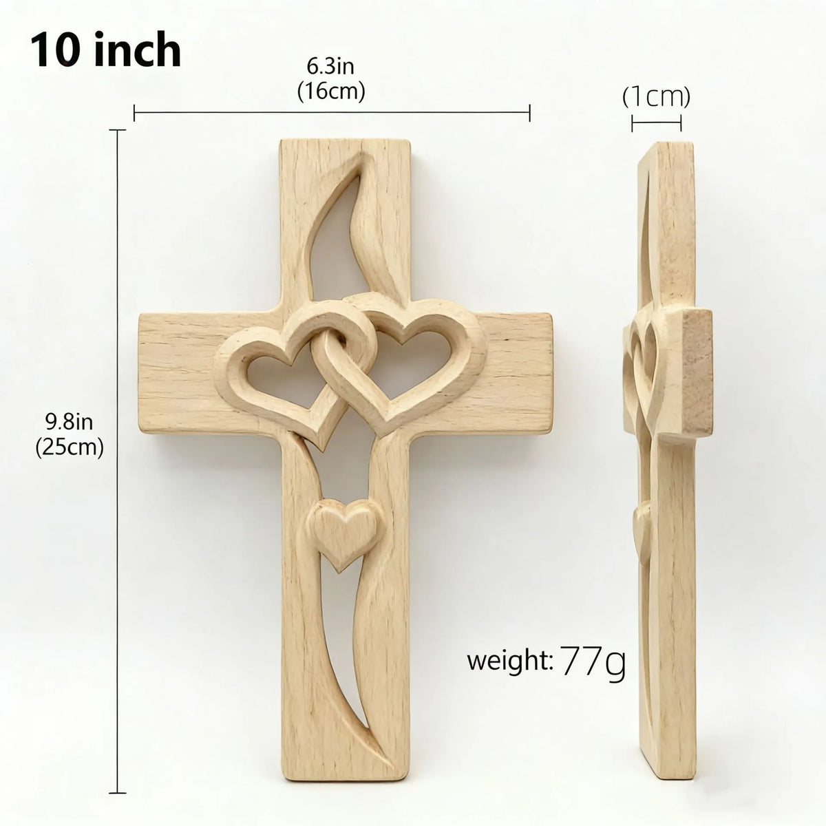 2PCS Hand-Carved Wooden Cross with Intertwined Hearts, Solid Wood Wall Decor