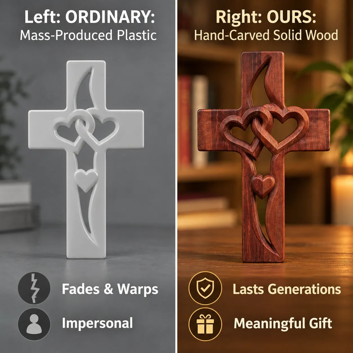 2PCS Hand-Carved Wooden Cross with Intertwined Hearts, Solid Wood Wall Decor