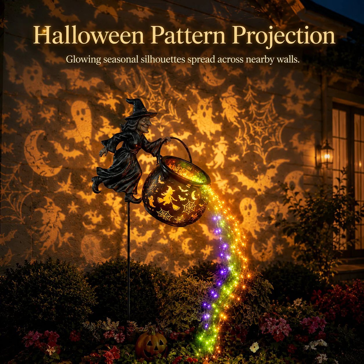 🎃 Flying Witch & Glowing Cauldron Garden Light – Magical Halloween Yard Display ✨