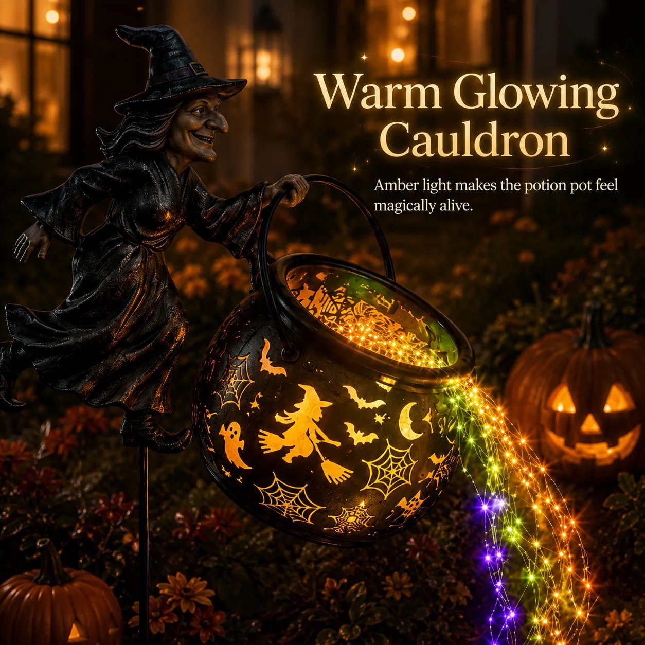 🎃 Flying Witch & Glowing Cauldron Garden Light – Magical Halloween Yard Display ✨
