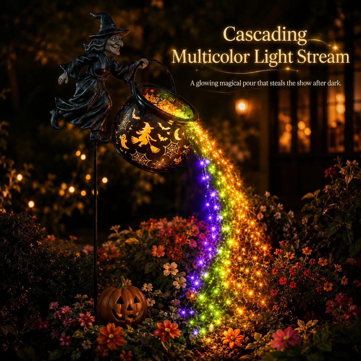 🎃 Flying Witch & Glowing Cauldron Garden Light – Magical Halloween Yard Display ✨