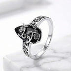 925 Sterling Silver Synthetic Obsidian Ring with Vintage Flower Design